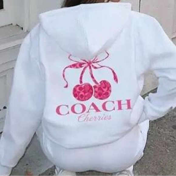 COACH Monogram Pink Cherries White Hoodie Pullover Sweatshirt Womens Size Large - Picture 1 of 6